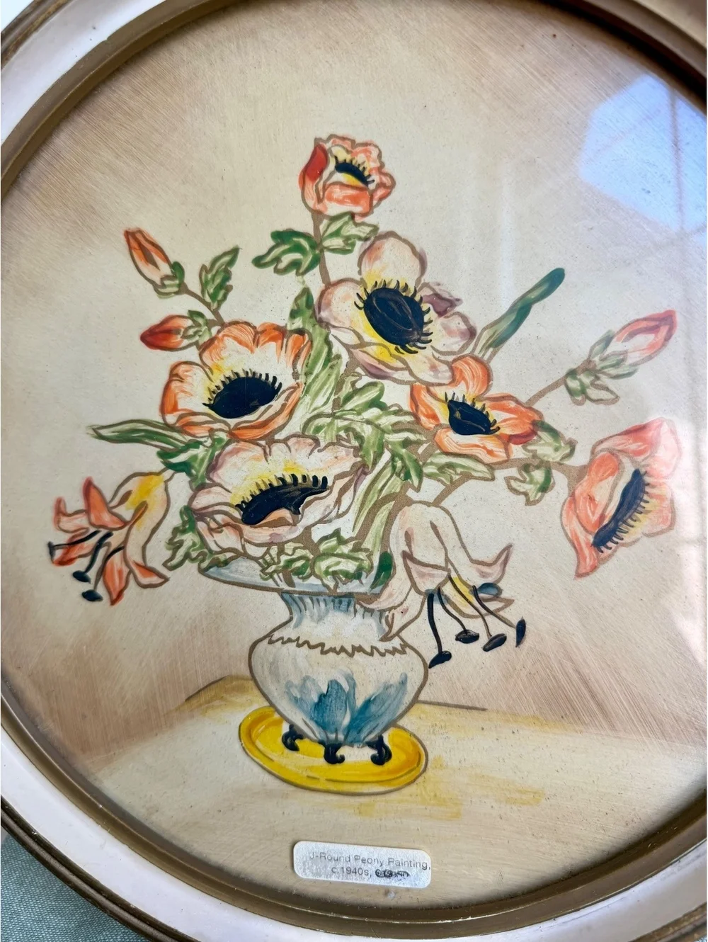 Vintage 1940s Hand Painted Floral Wall Art Round Peony Painting Ivory Frame